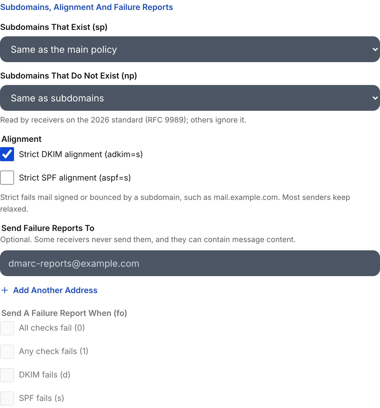 DMARC alignment options in the generator: strict DKIM alignment ticked, strict SPF alignment left relaxed.
