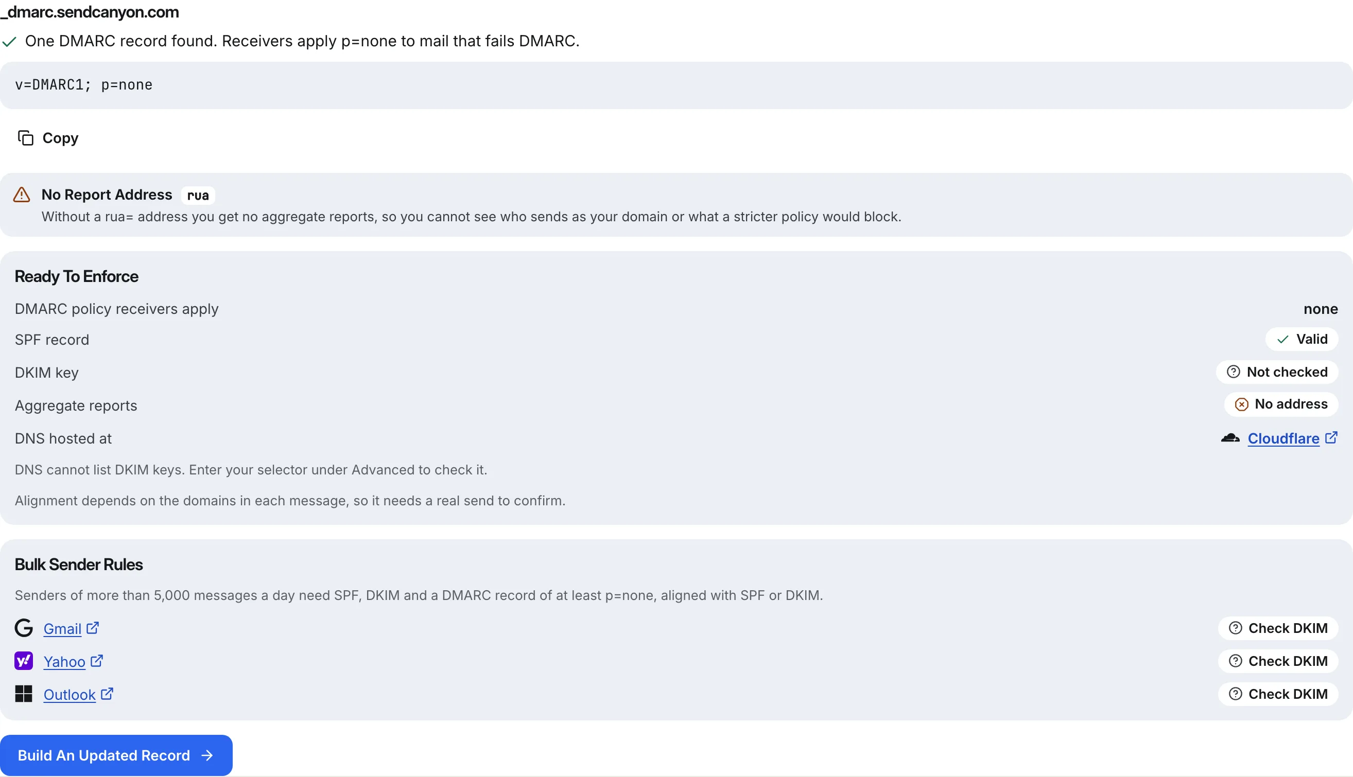 DMARC checker readiness card: policy none, SPF valid, DKIM not checked, and a note that alignment needs a real send.