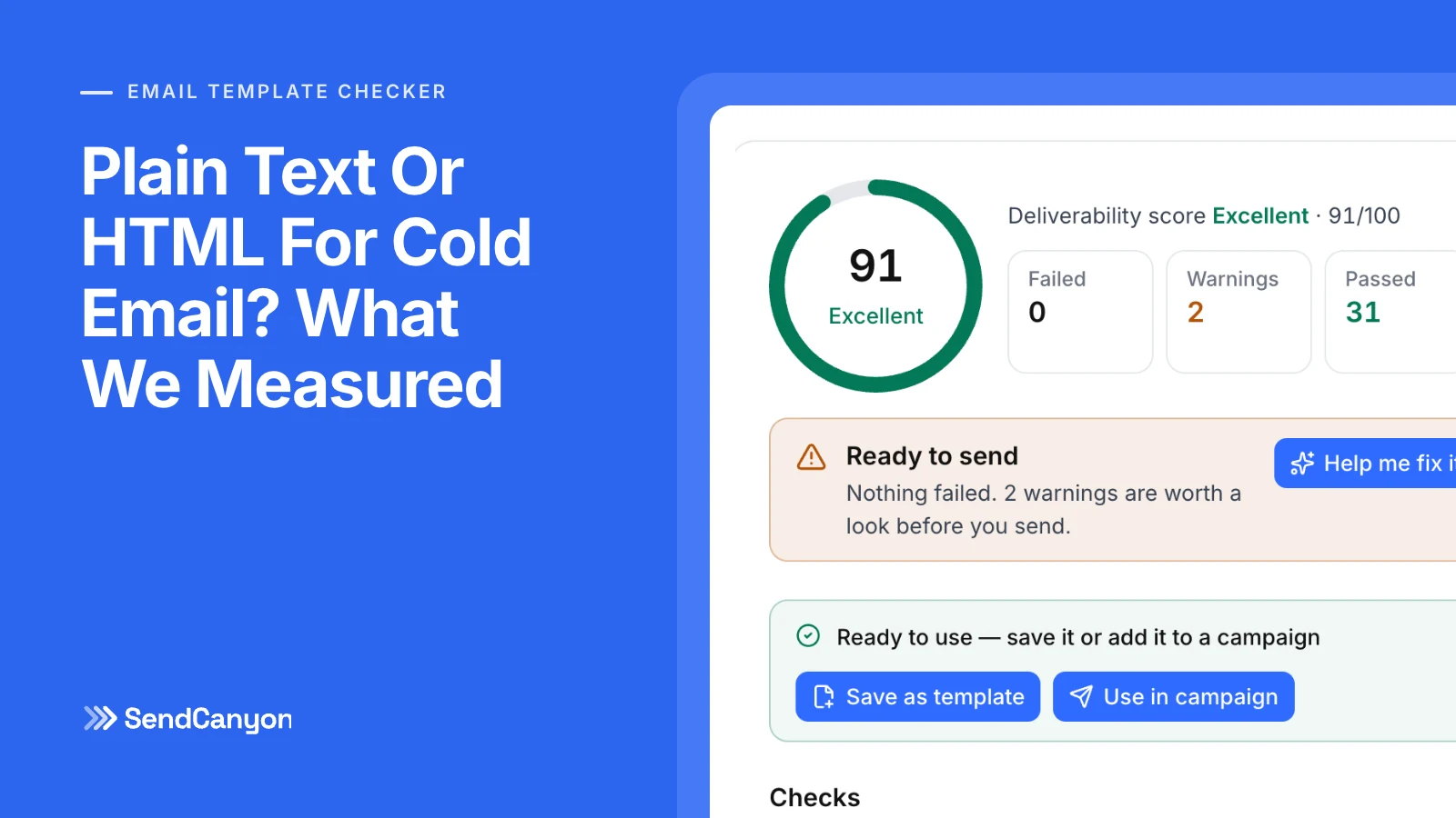 SendCanyon cover for Plain Text Or HTML For Cold Email: the in-app template checker scoring an uploaded .eml 91 out of 100, ready to send.