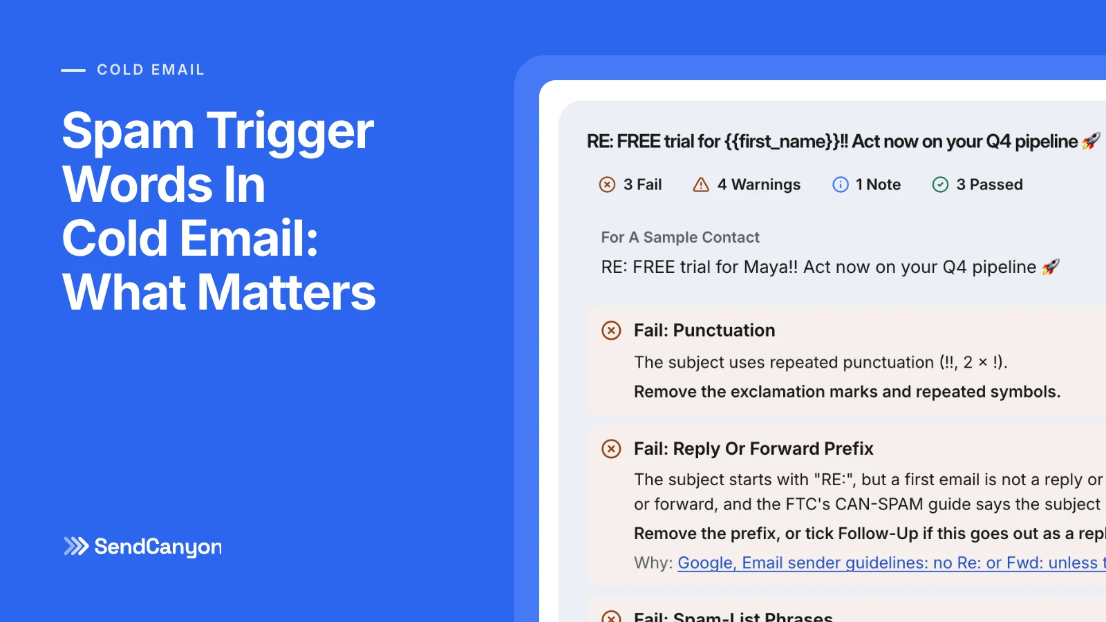 SendCanyon cover for Spam Trigger Words In Cold Email: the subject line tester failing a subject for punctuation, a fake reply prefix and spam-list phrases.