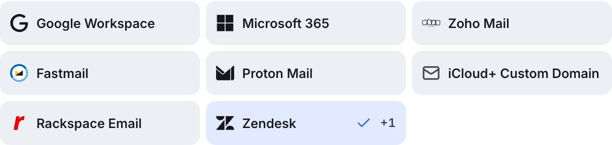 Provider chips in the SPF record generator, with Zendesk selected and showing the one lookup it adds to the record.