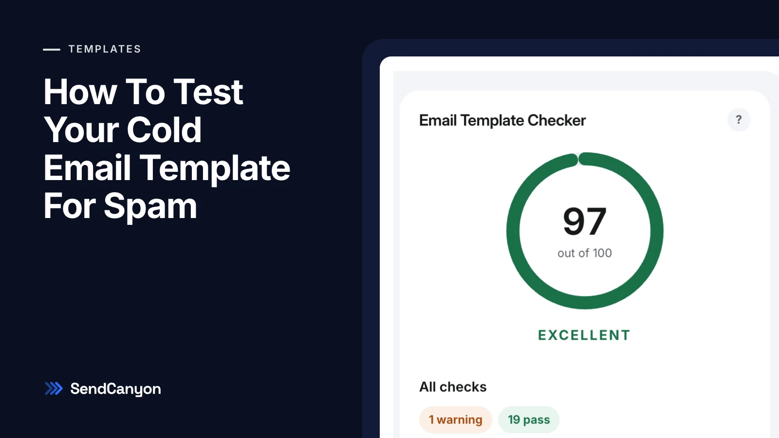 SendCanyon cover for How To Test Your Cold Email Template For Spam: the email template checker scoring a template 97 out of 100, Excellent.